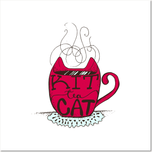 Kitty Cat - Tea Lover Lettering Art - Visual Pun - Mug - Red and Light Green Posters and Art